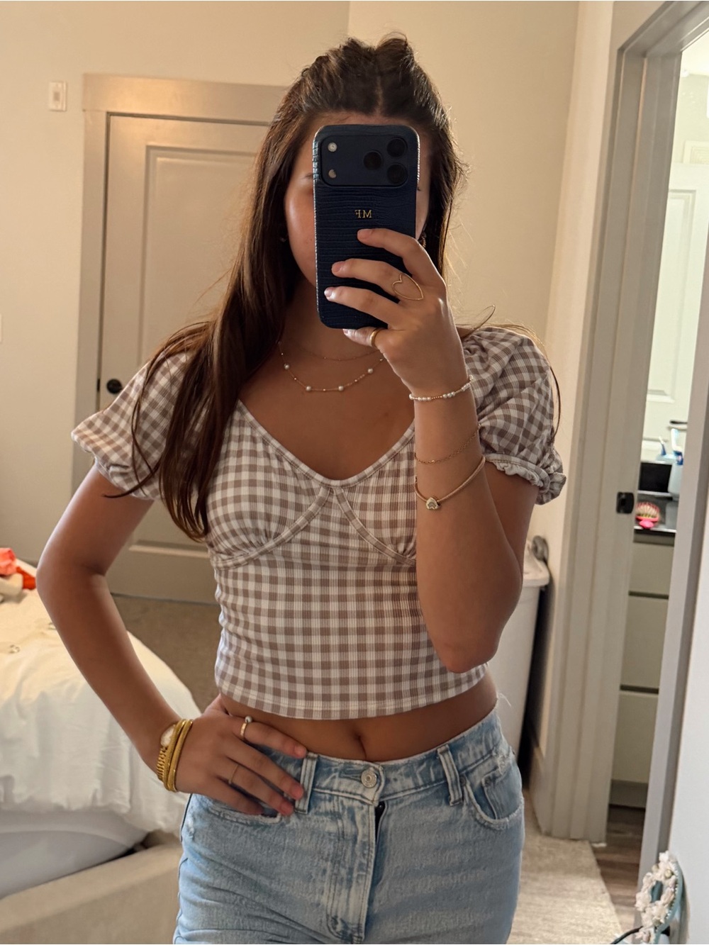 Gingham Puff-Sleeve Crop Top